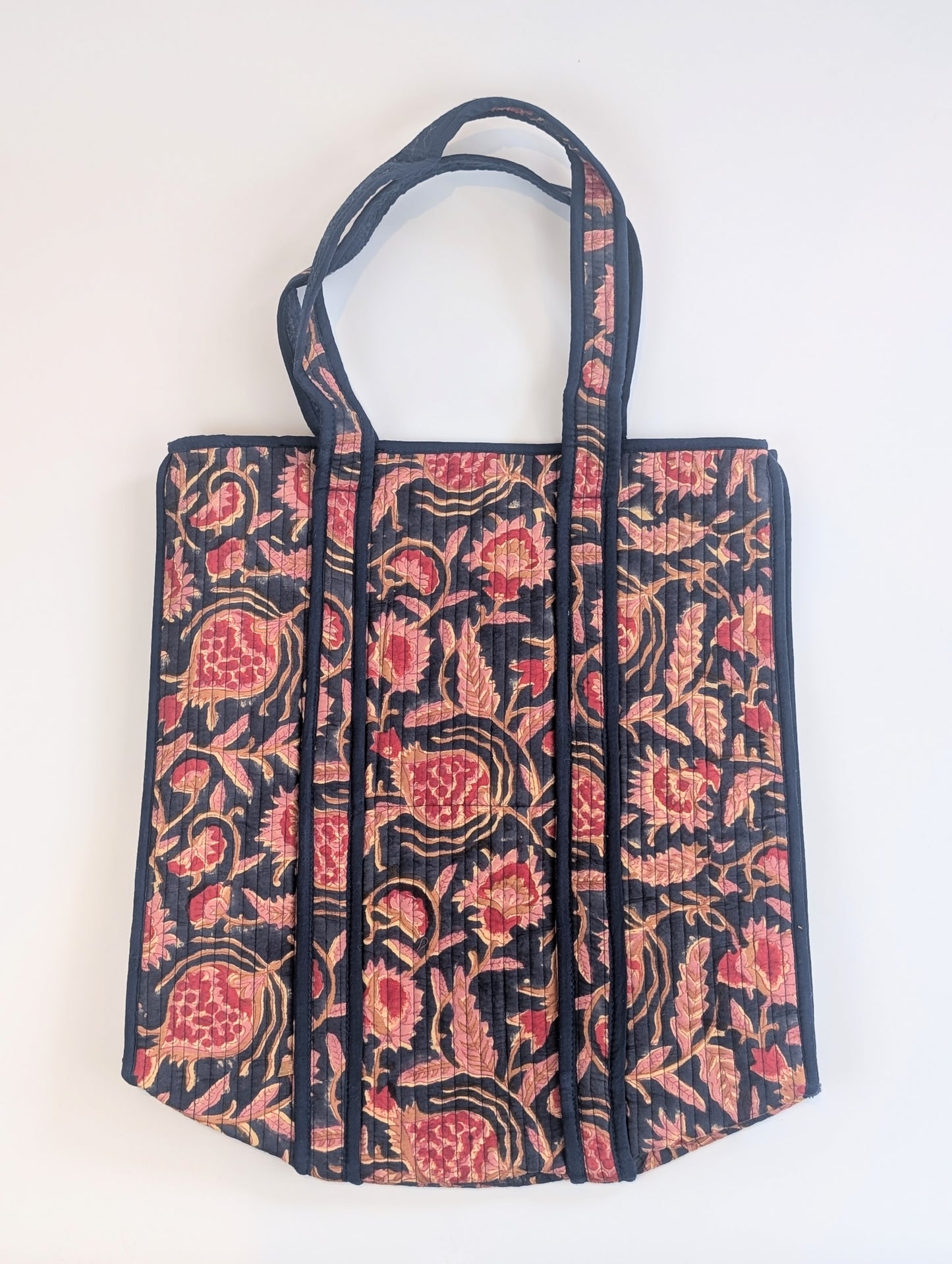 Deep Blue & Red Floral Block Printed Tote Shoulder Bag - Precious Sparkle