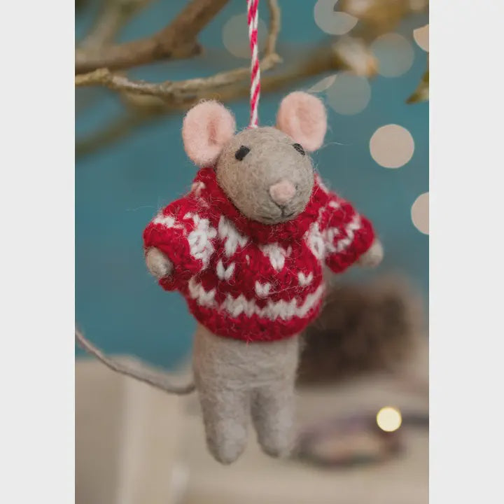 Felt Mouse in Red Knitted Jumper Ornament