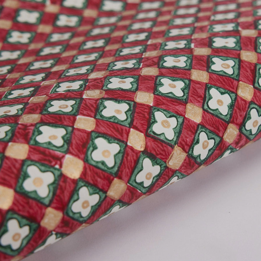 Paper Mirchi Block Printed Wrapping Paper Floral Checks Scarlet - Precious Sparkle
