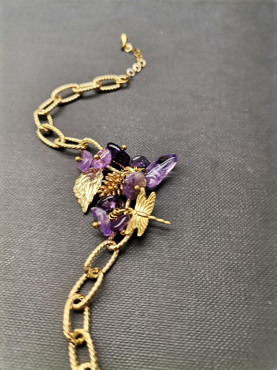 Amethyst Leaf & Dragonfly Gold Bracelet - Precious Sparkle