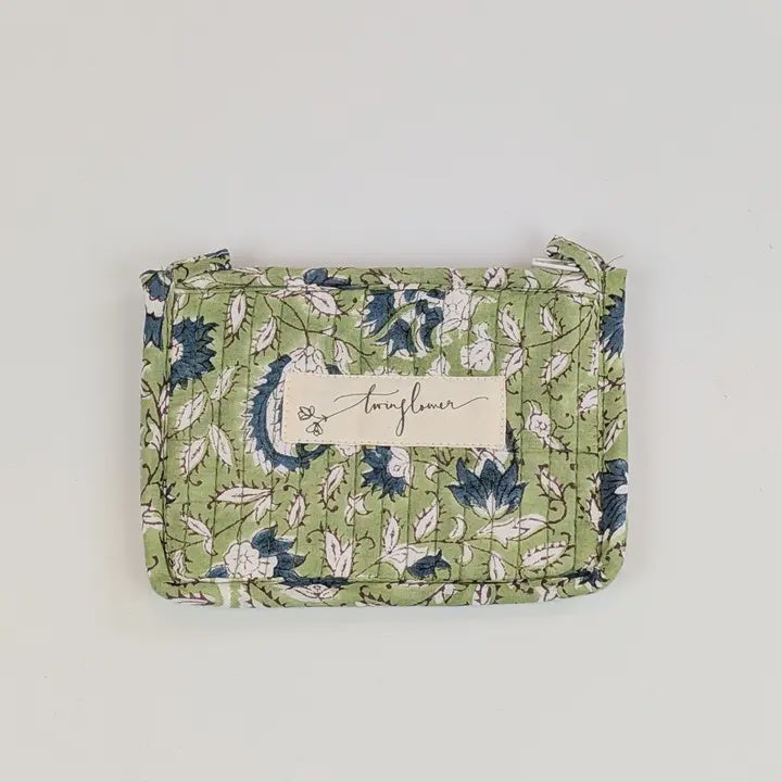 Twinflower Light Green Floral Block Print Quilted Small Pouch Purse - Precious Sparkle