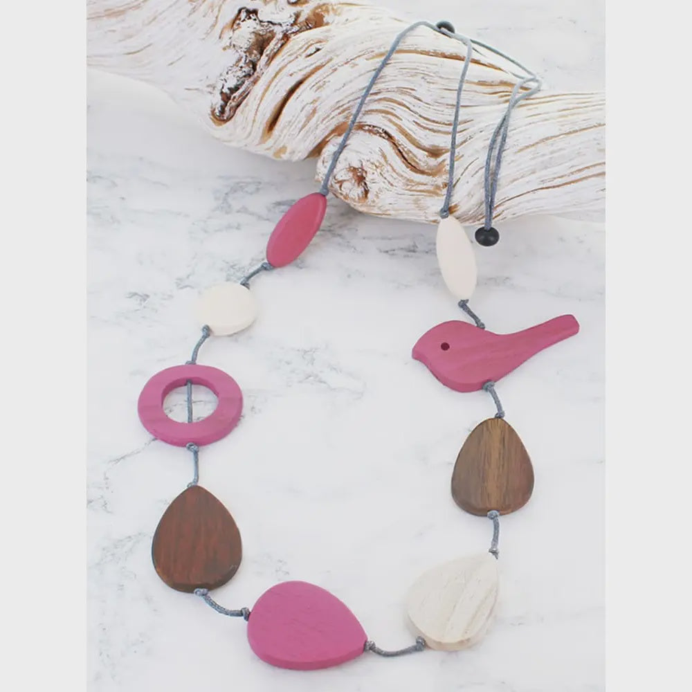 Suzie Blue Wooden Bird Necklace Pink