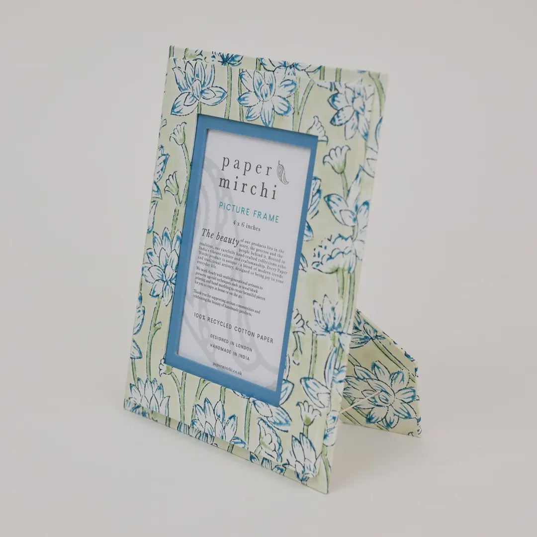 Block Printed Picture Frame 4x6- Lotus Indigo - Precious Sparkle