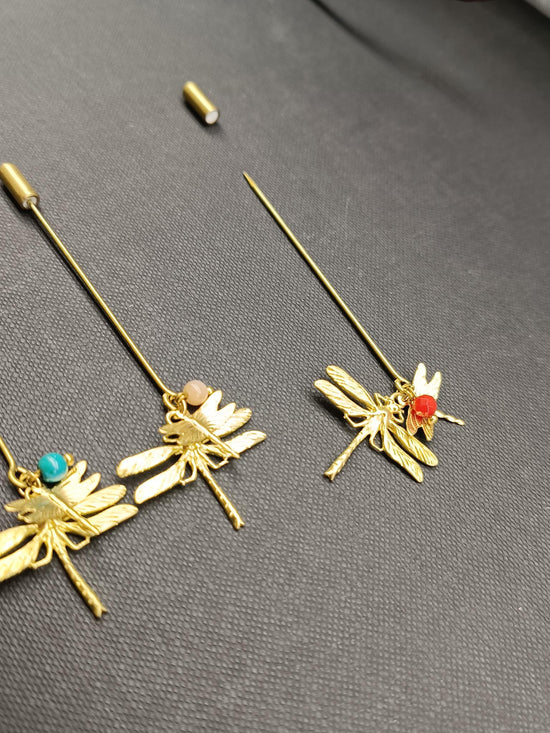Dragonfly Pin Brooch in Raw Bronze with Gemstone - Precious Sparkle
