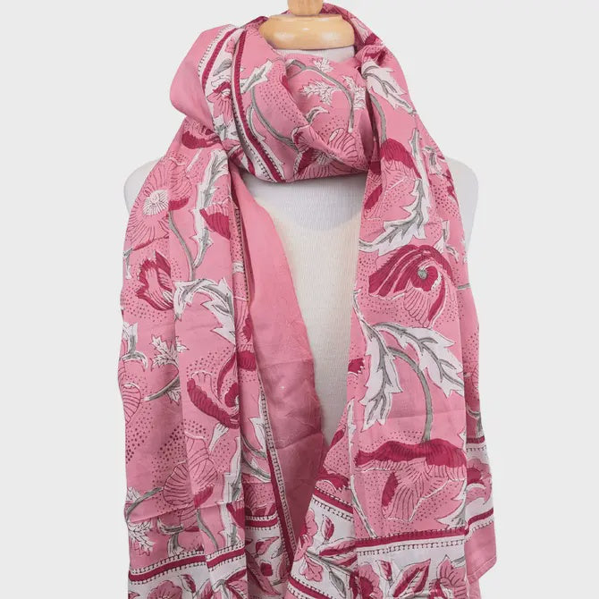 Pink & Red Floral Block Print Sarong Scarf