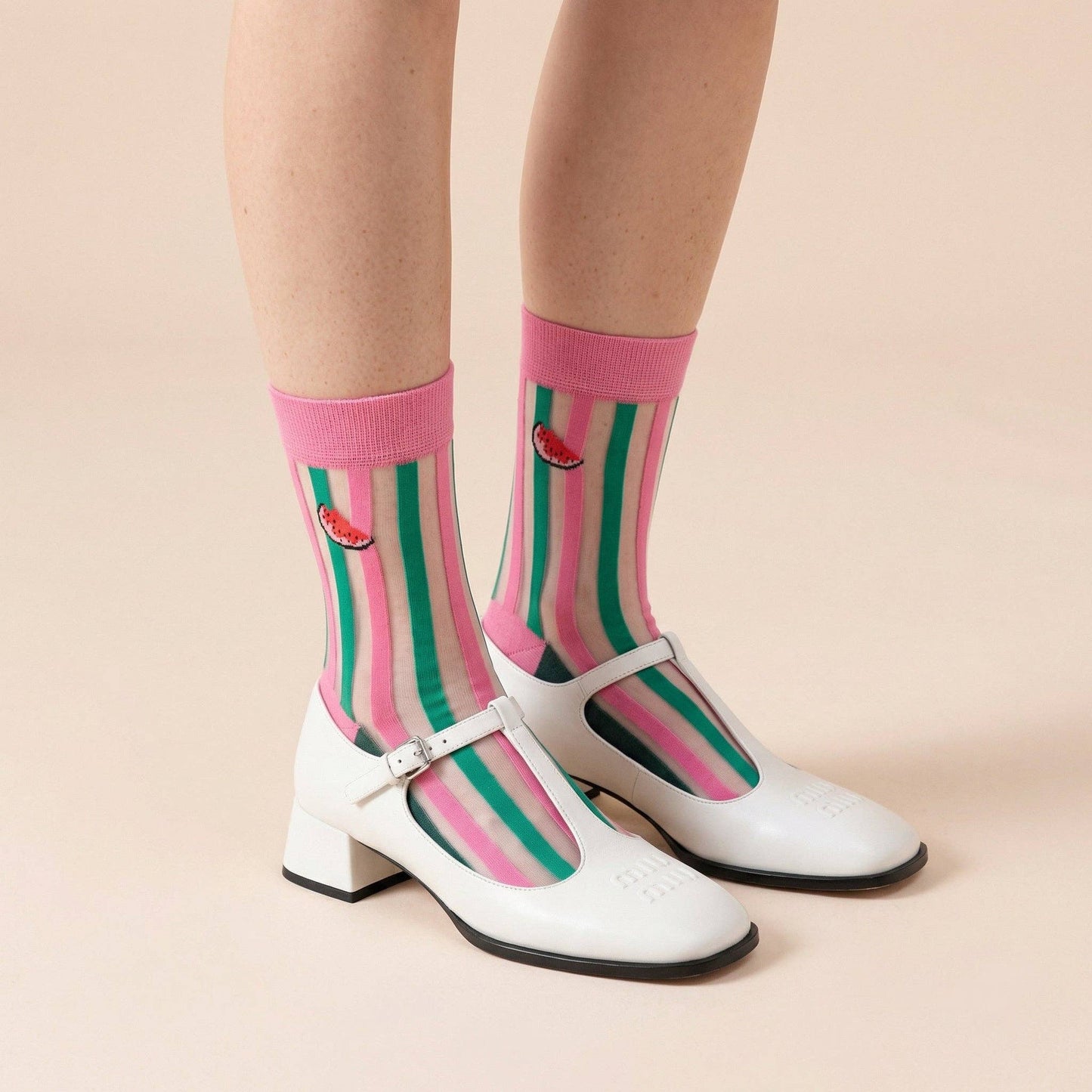 Sock Talk Watermelon Stripes Cotton Sheer Socks Pink