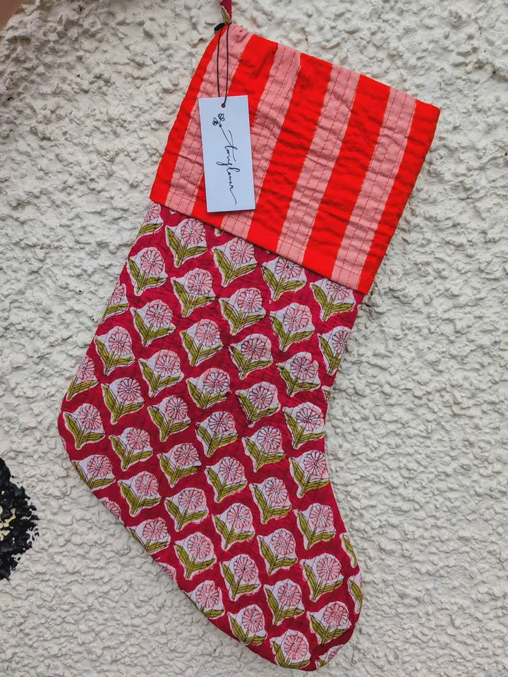Large Christmas Stocking Block Print Floral Red - Precious Sparkle