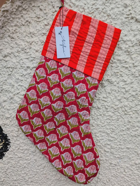 Large Christmas Stocking Block Print Floral Red - Precious Sparkle