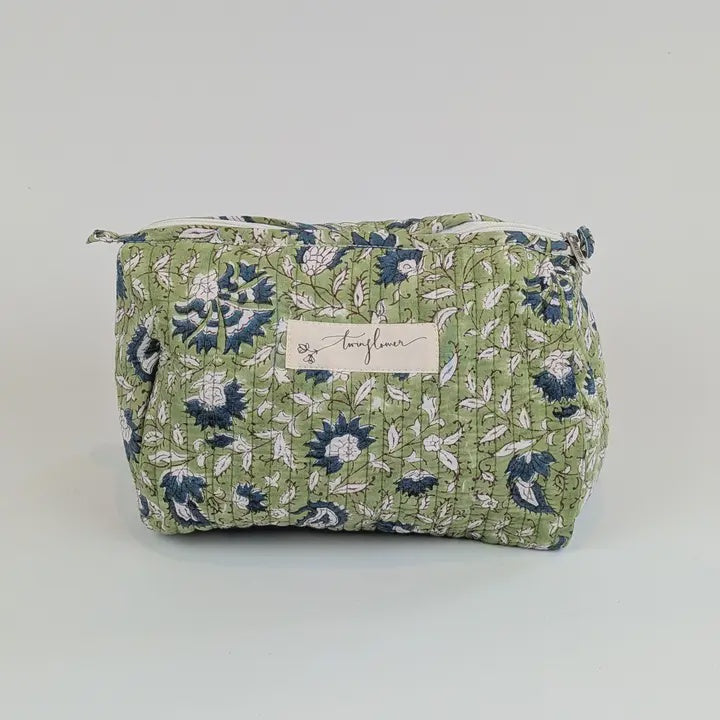 Twinflower Light Green Floral Block Print Quilted Large Washbag - Precious Sparkle