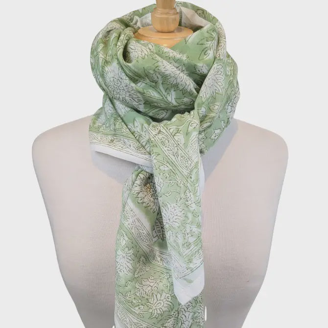 Light Green Block Print Oversized Bandana Square Scarf