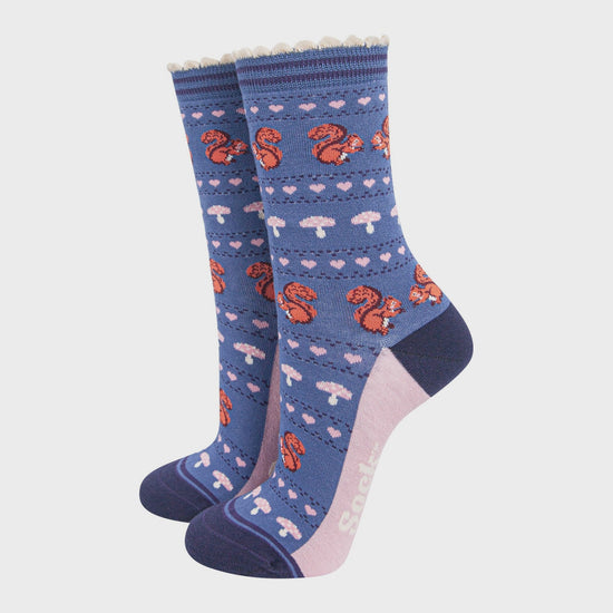 Sock Talk Women's Bamboo Socks - Denim Blue/Navy, Squirrel Fair Isle - Precious Sparkle