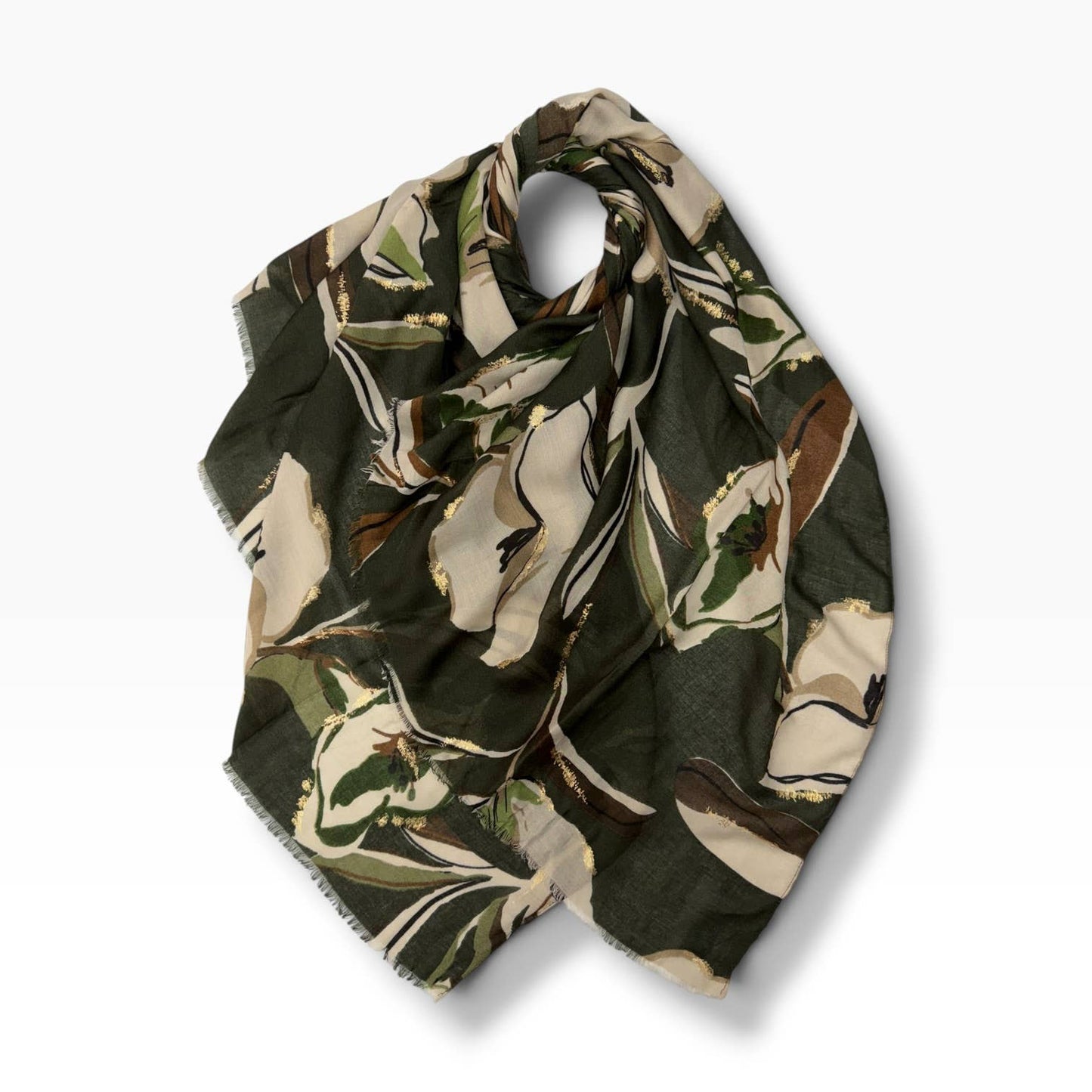Wild Rose Print Khaki Scarf