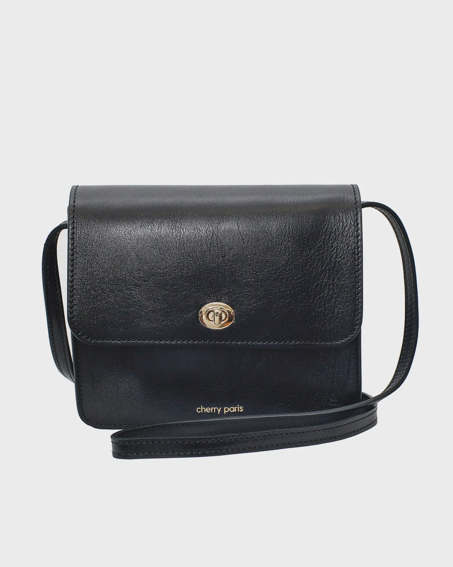 Black leather crossbody bag with gold emblem on a light gray background