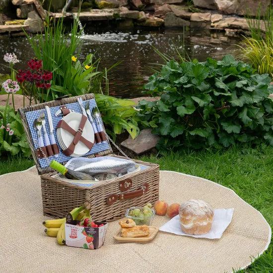 4 Person Blue Gingham Lined Wicker Picnic Basket - Precious Sparkle