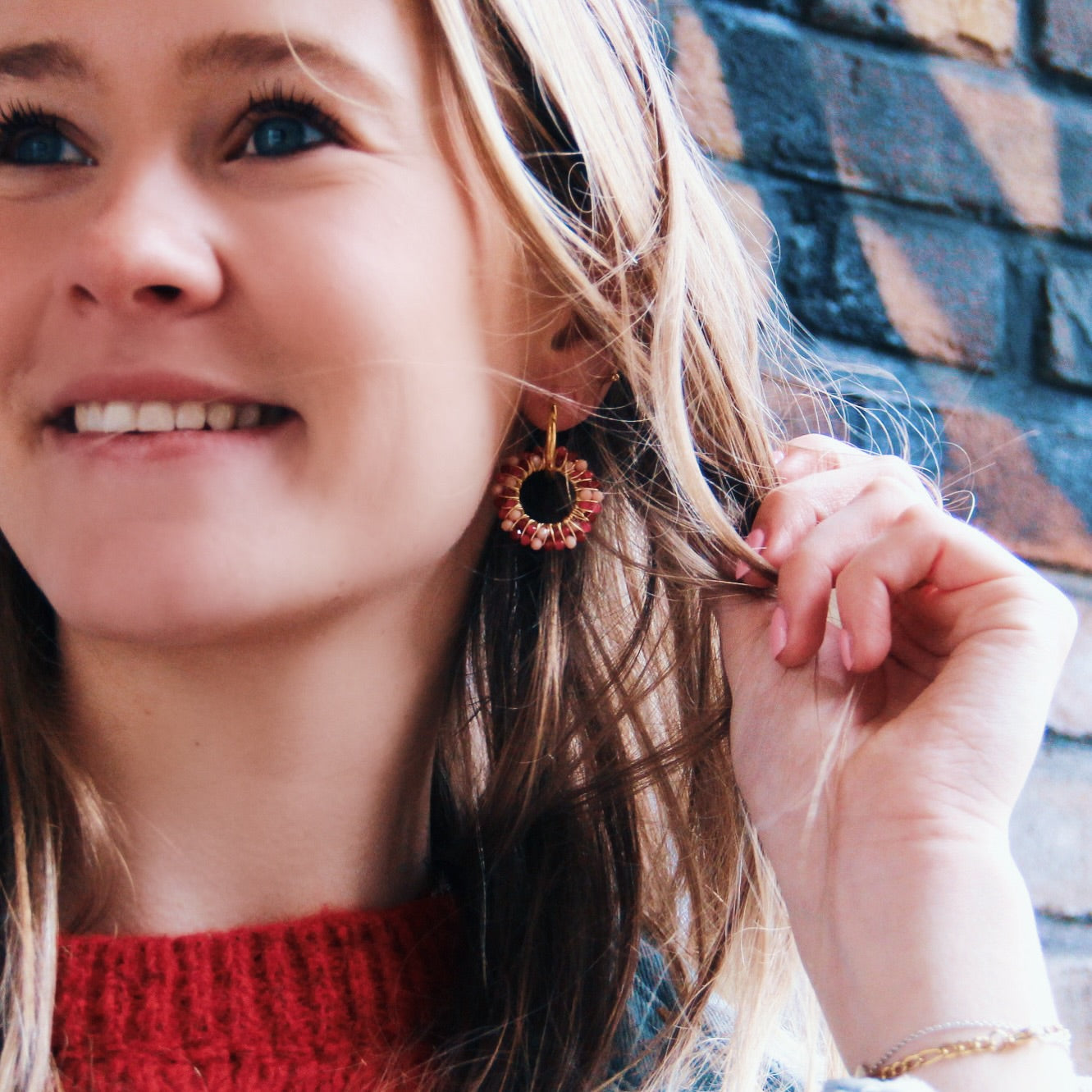 Bazou Double Bead Hoop Earrings Pink Mix