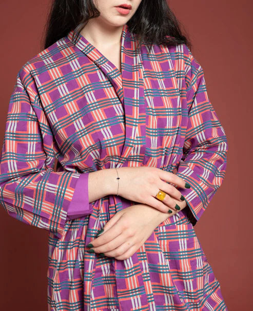 Les Touristes Checky Bright Coral Dressing Gown - Precious Sparkle