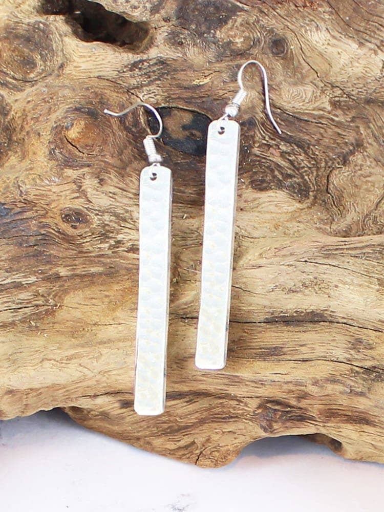 Suzie Blue Long Silver Rectangular Beaten Earrings