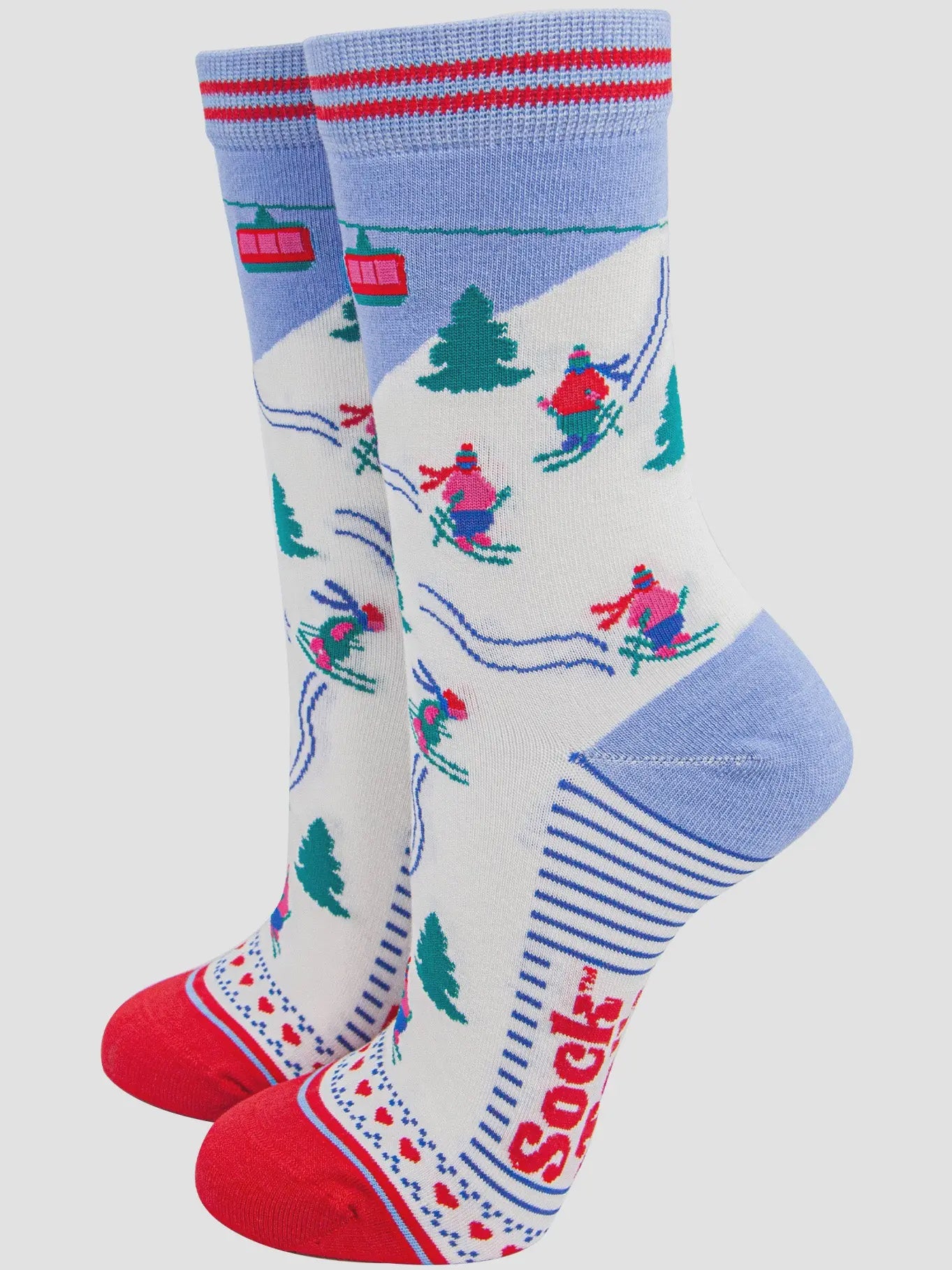 Sock Talk Women's Bamboo Socks - Sky Blue/Red, Mountain Ski - Precious Sparkle