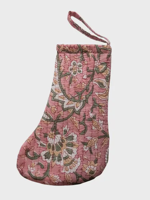 Mini Christmas Stocking Block Print Floral Pink & Green - Precious Sparkle