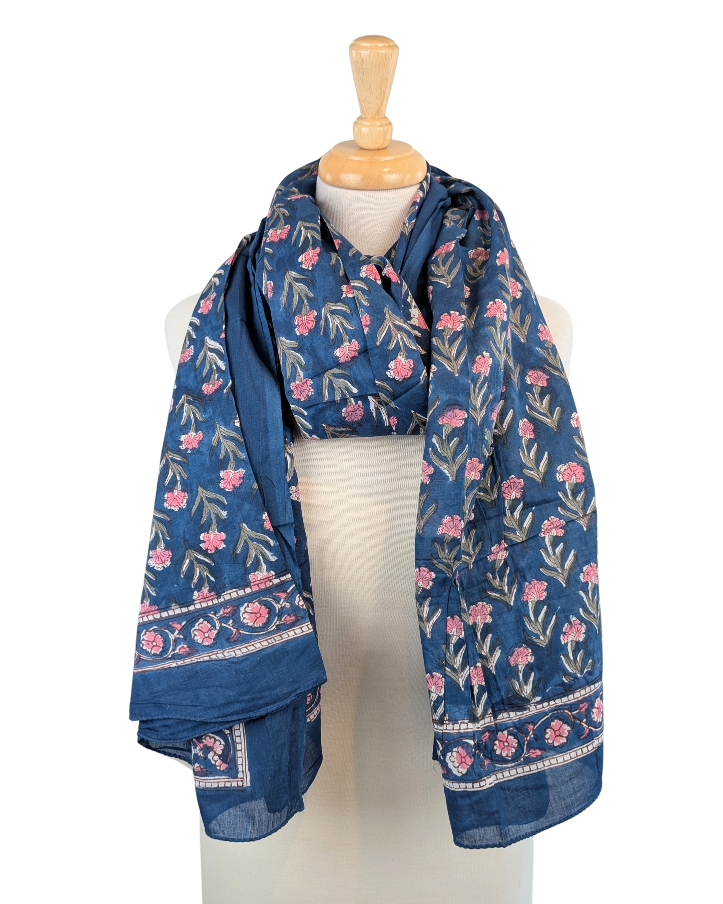 Navy Blue & Pink Floral Block Print Pareo Sarong Scarf - Precious Sparkle