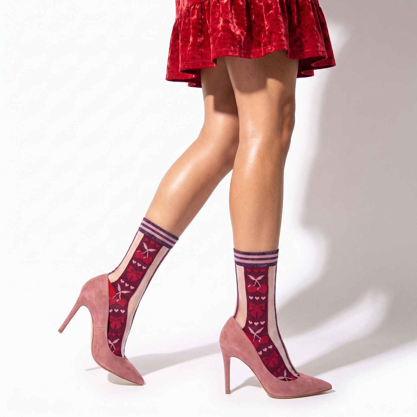 Bow & Cherry Sheer Socks in Burgundy/Soft Pink