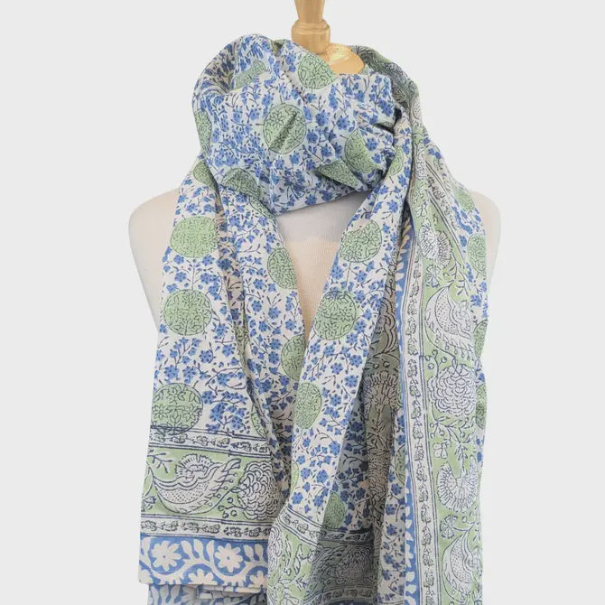 Blue & Green Floral Block Print Sarong Scarf