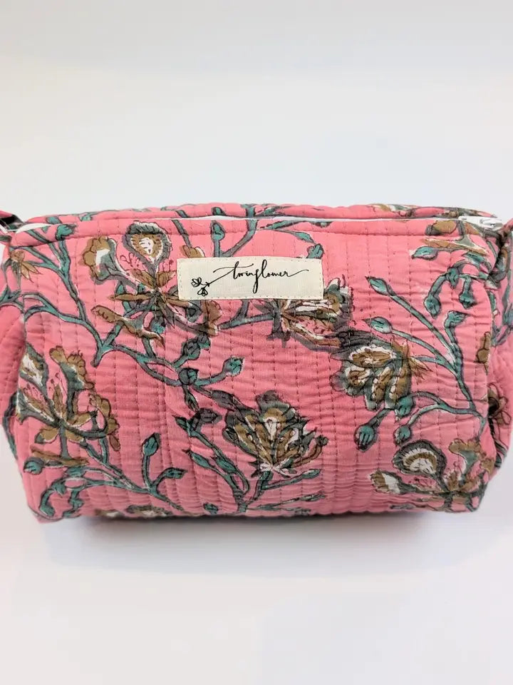 Pink Floral Block Print Quilted Large Washbag - Precious Sparkle
