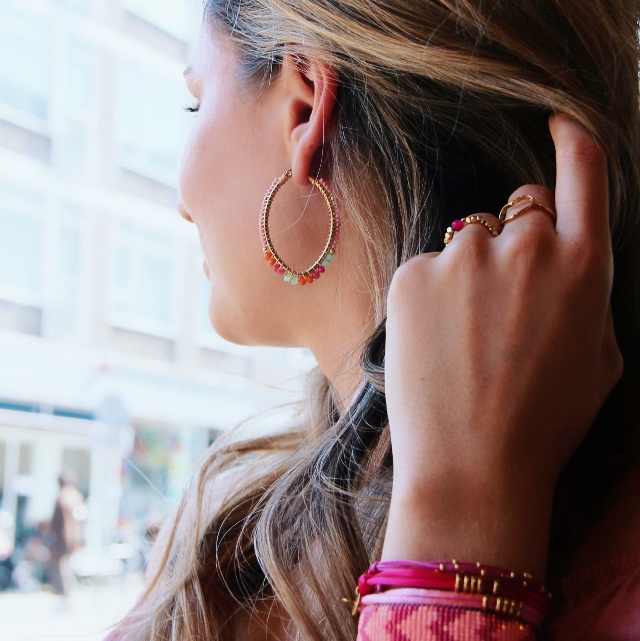 Bazou Bead  Oval Hoop Earrings Orange/Pink