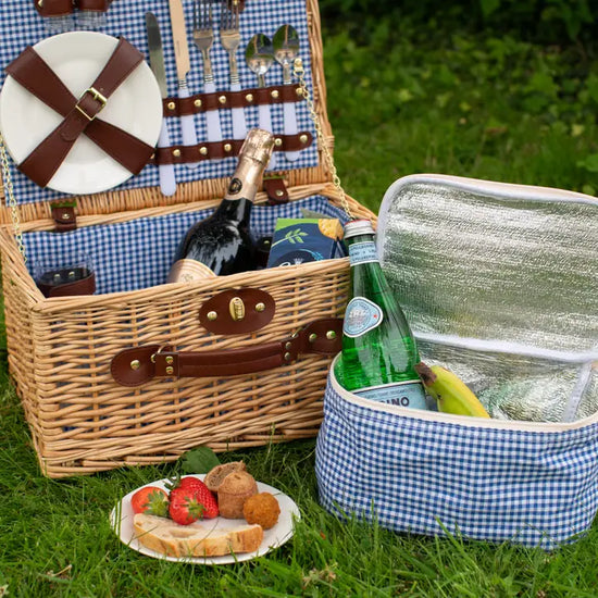 Natural Wicker 2-Person Picnic Basket Blue Gingham Lining - Precious Sparkle