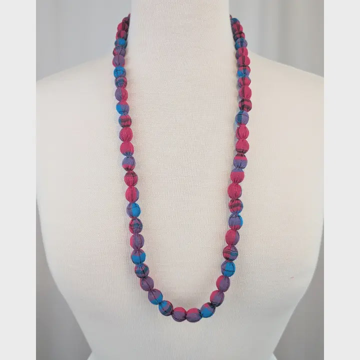 Pink & Blue Indian Fabric Handmade Beaded Necklace - Precious Sparkle
