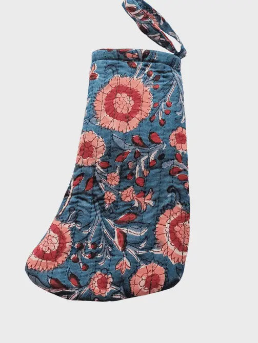 Mini Christmas Stocking Block Print Blue & Red Flower - Precious Sparkle