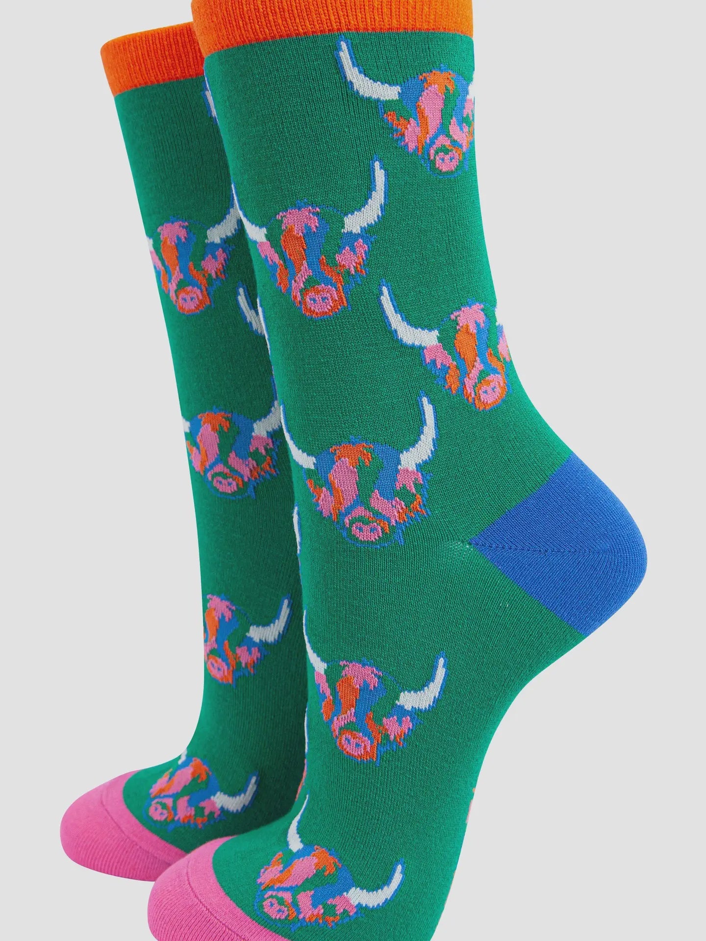 Sock Talk Women's Bamboo Socks - Green/Rainbow, Highland Cow - Precious Sparkle
