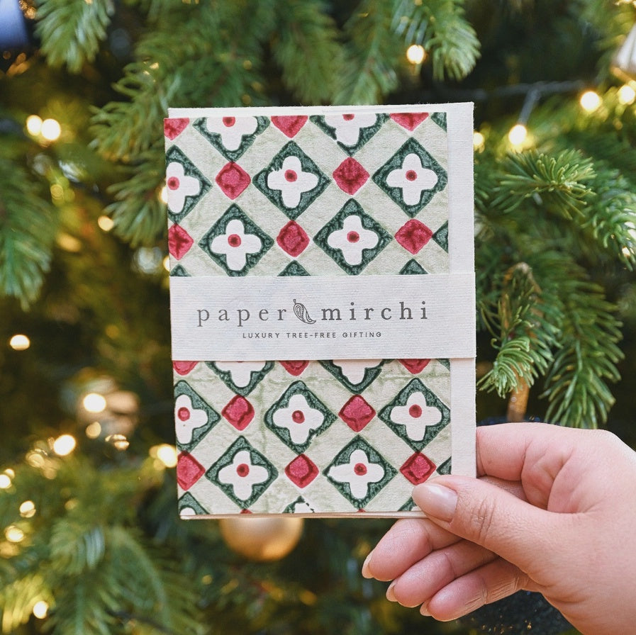 Hand Block Printed Greeting Card Floral Checks Sage - Precious Sparkle