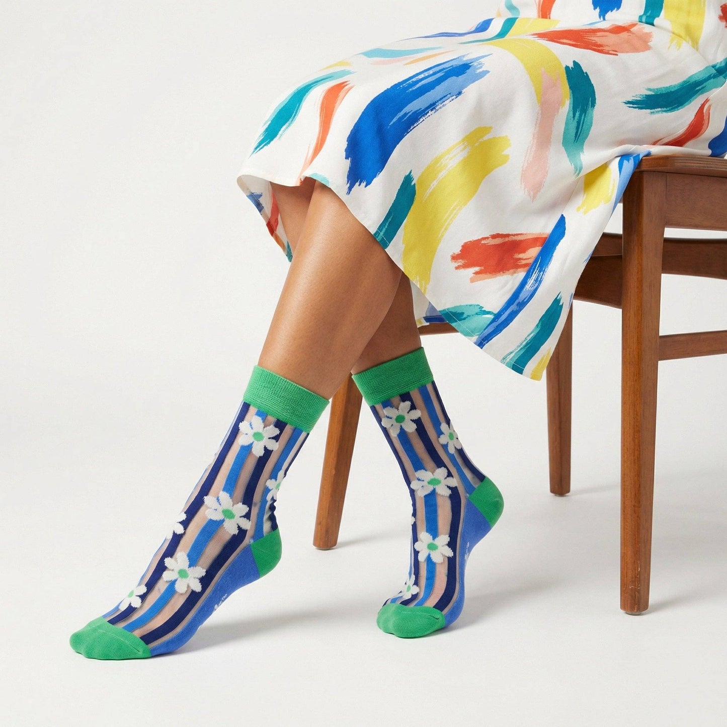 Daisy Stripes Combed Cotton Sheer Pop Socks in Green