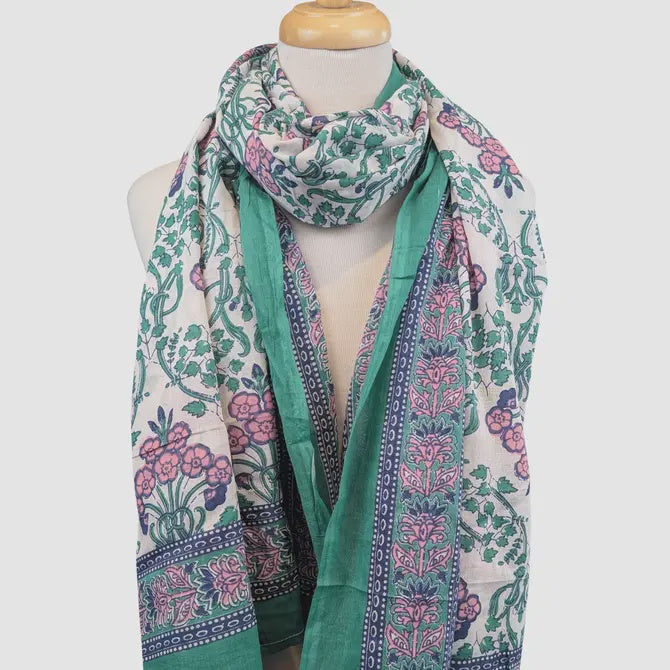 Green & Pink Deco Floral Block Print Pareo Sarong Scarf - Precious Sparkle