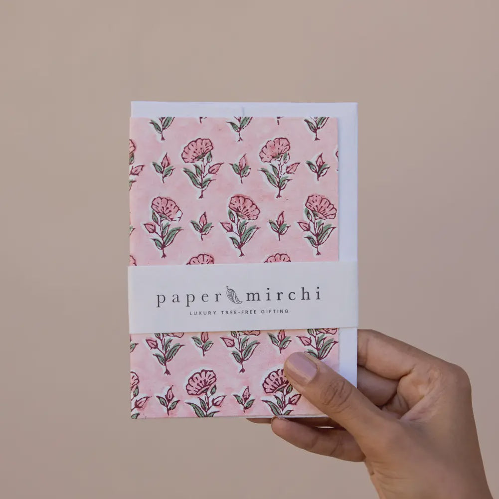 Hand Block Printed Greeting Card - Ditsy Floral Blush - Precious Sparkle