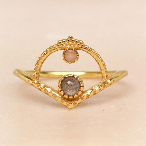 muja juma Ring Size 56 Labradorite & Peach Moonstone
