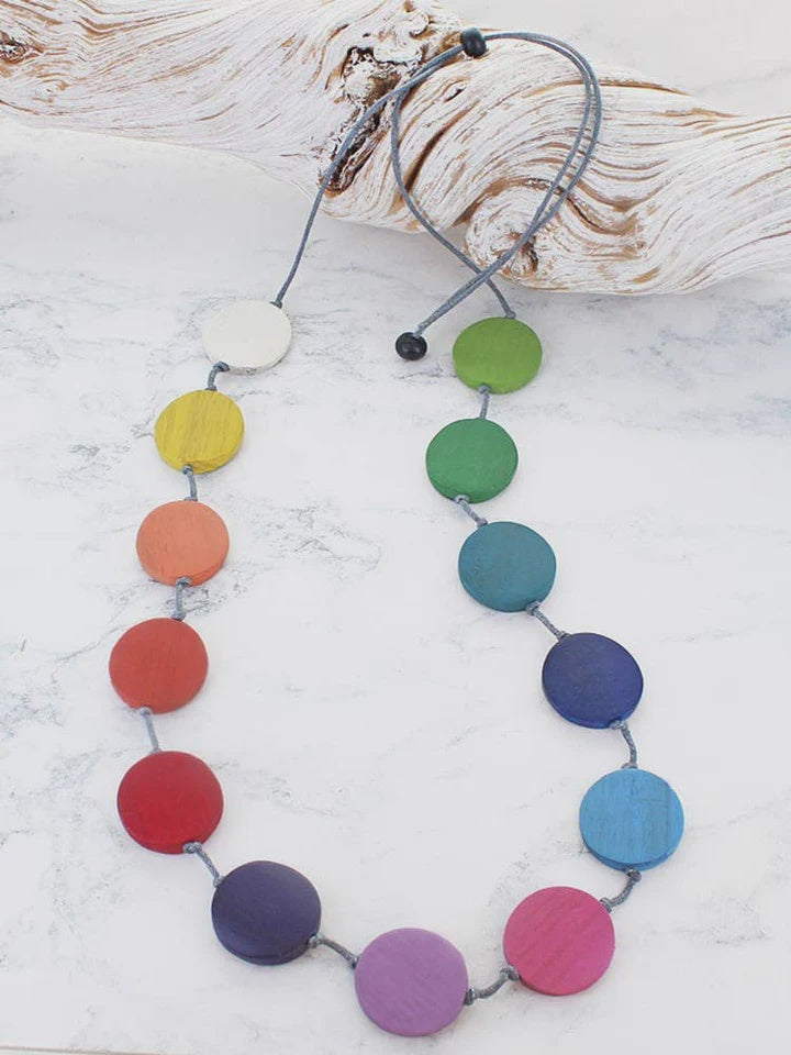 Suzie Blue Wooden Long Rainbow Disc Necklace