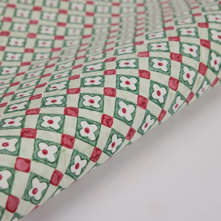 Paper Mirchi Block Printed Wrapping Paper Floral Checks Sage - Precious Sparkle