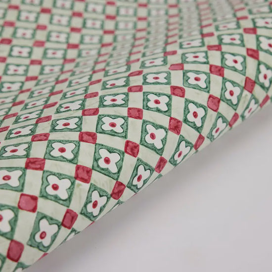 Paper Mirchi Block Printed Wrapping Paper Floral Checks Sage - Precious Sparkle