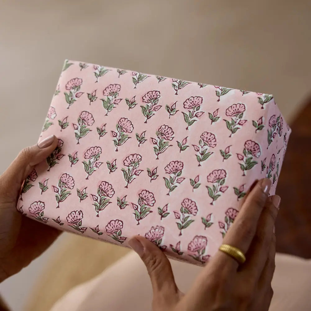 Paper Mirchi Block Printed Wrapping Paper Ditsy Floral Blush - Precious Sparkle