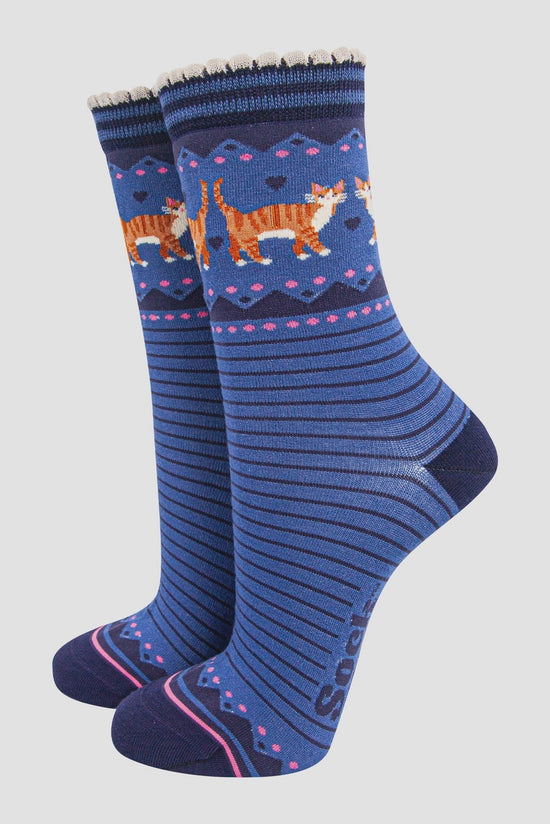 Sock Talk Women's Bamboo Socks- Denim Blue, Ginger Cats - Precious Sparkle