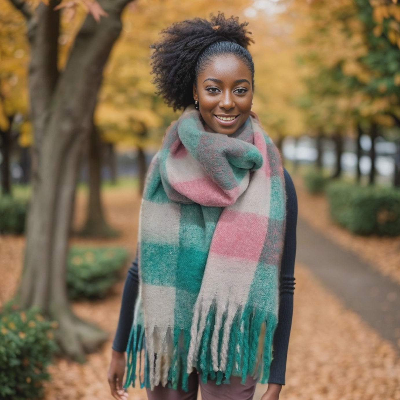 Mikre Extra Thick Neon Tasseled Winter Scarf Green / White - Precious Sparkle