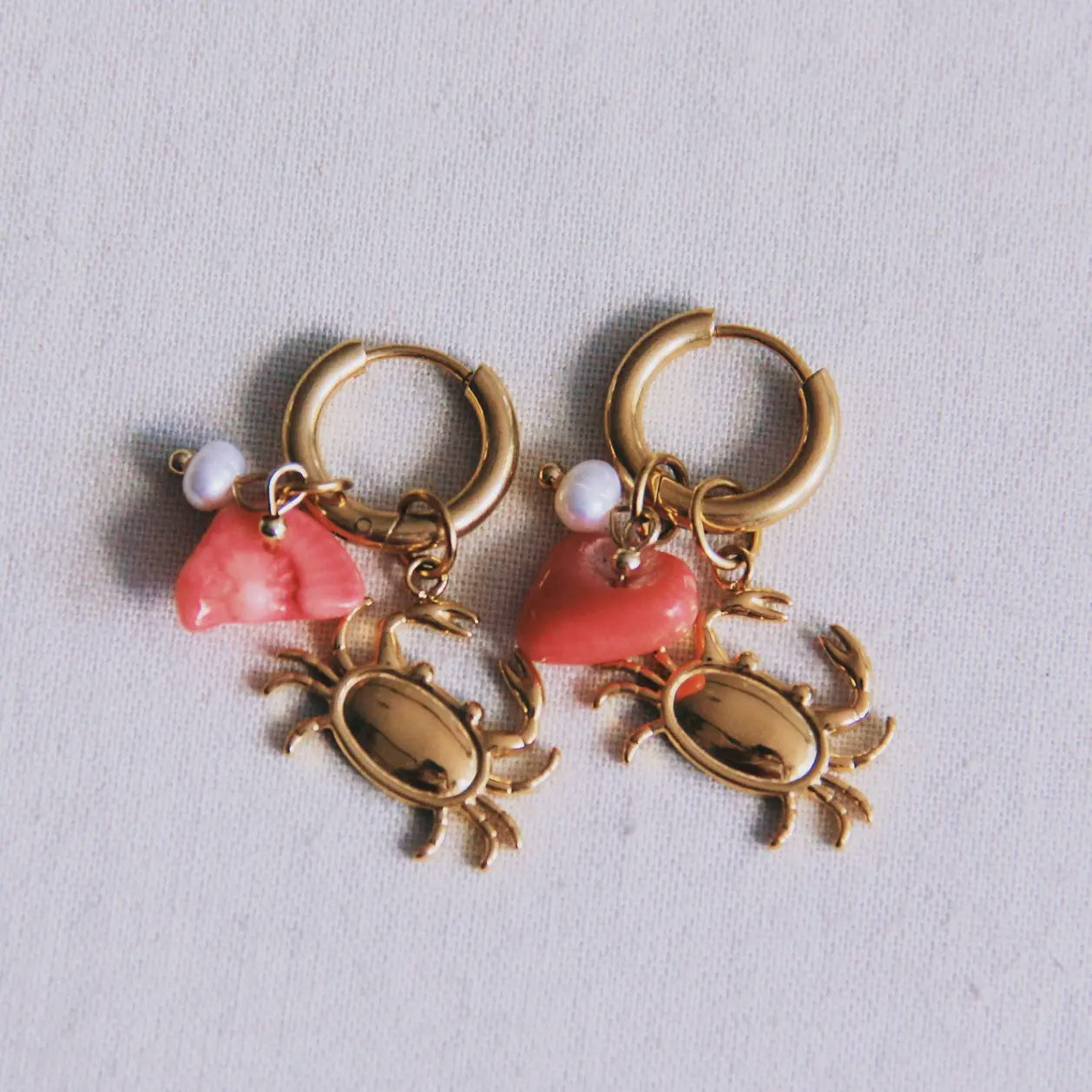 Bazou Crab, Pearl, and Coral Chip Earrings