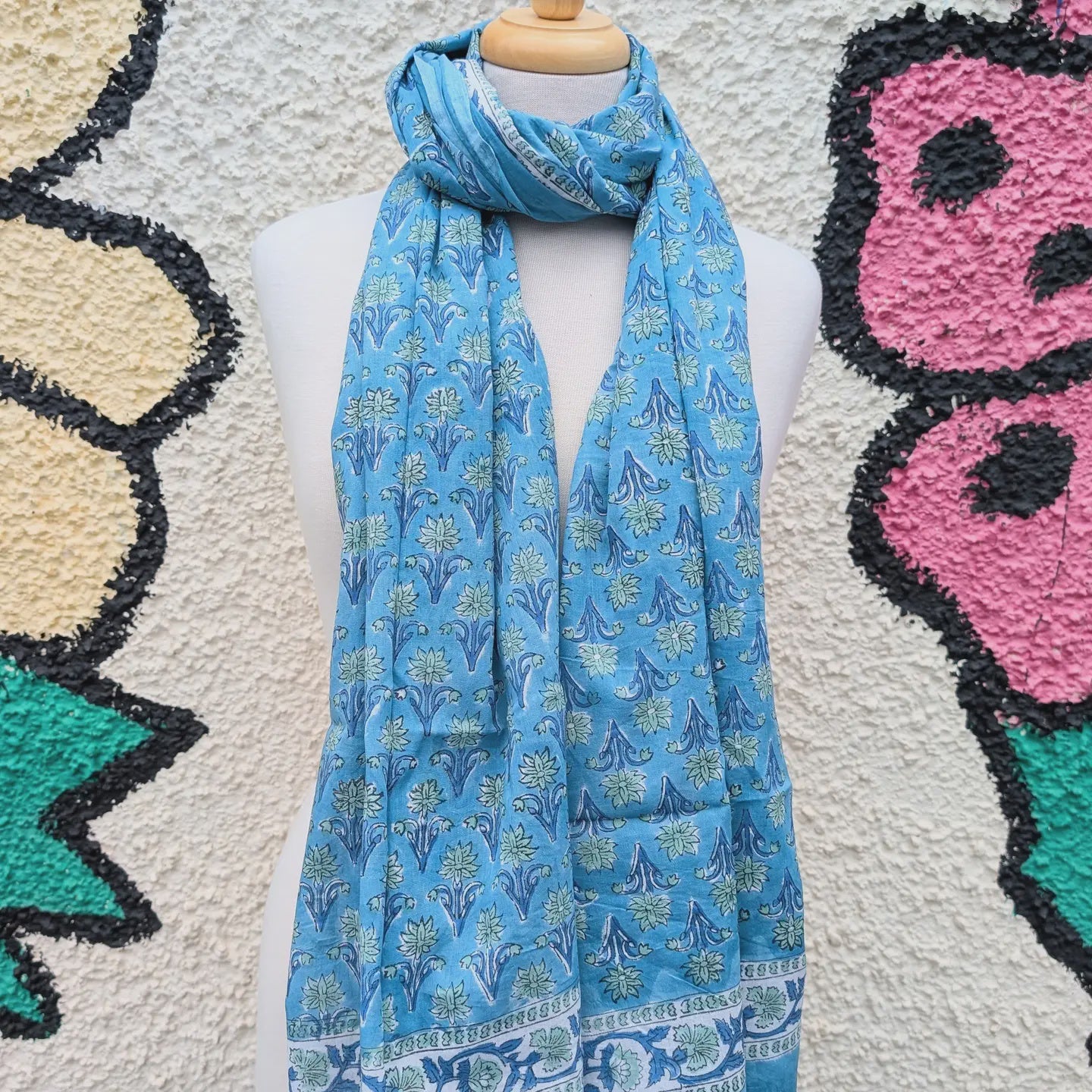 Aqua Blue Floral Block Print Pareo Sarong Scarf - Precious Sparkle