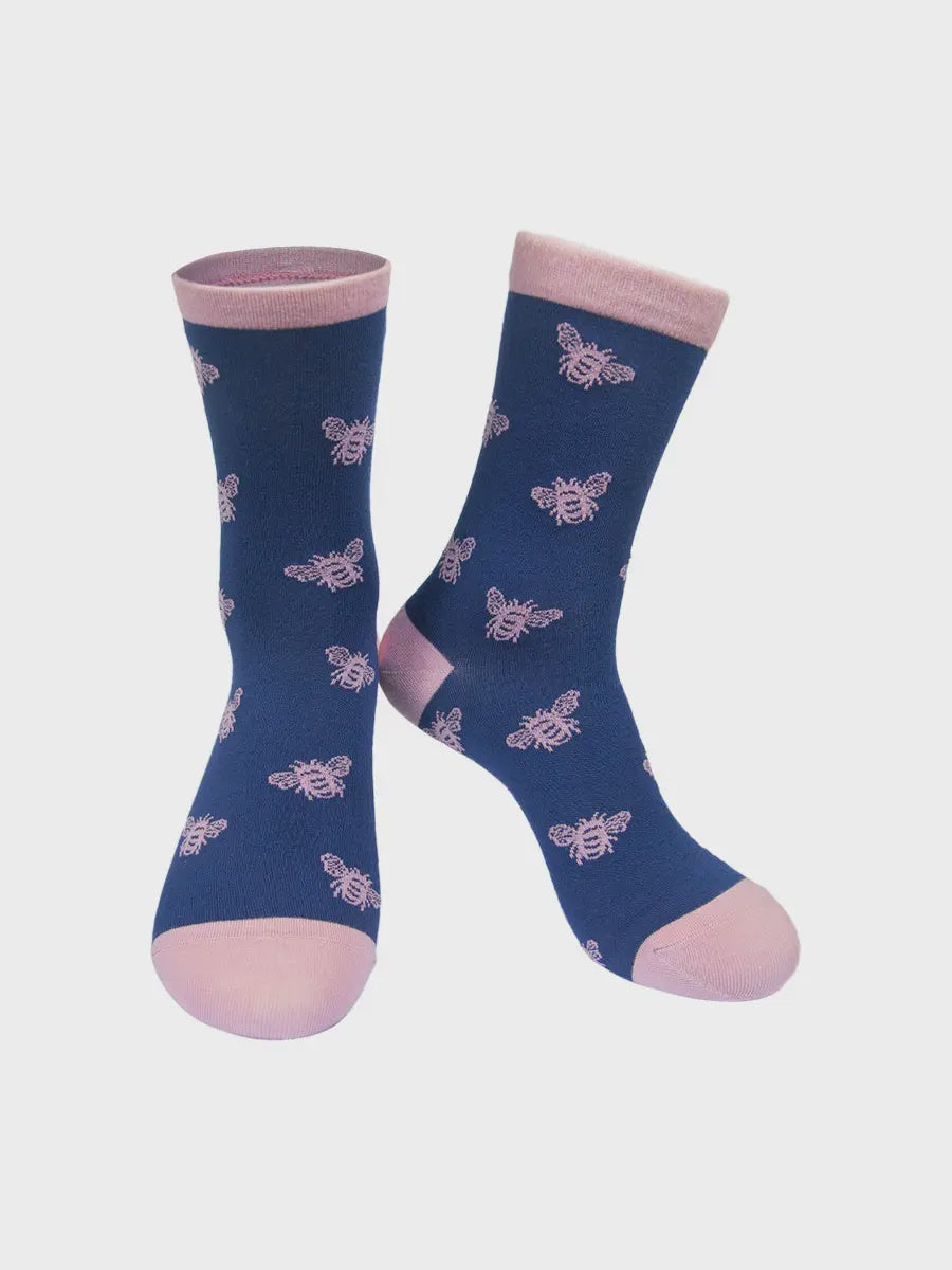 Sock Talk Women's Bamboo Socks Blue/Pink Repeat Bee Print