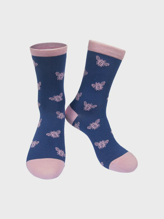 Sock Talk Women's Bamboo Socks Blue/Pink Repeat Bee Print