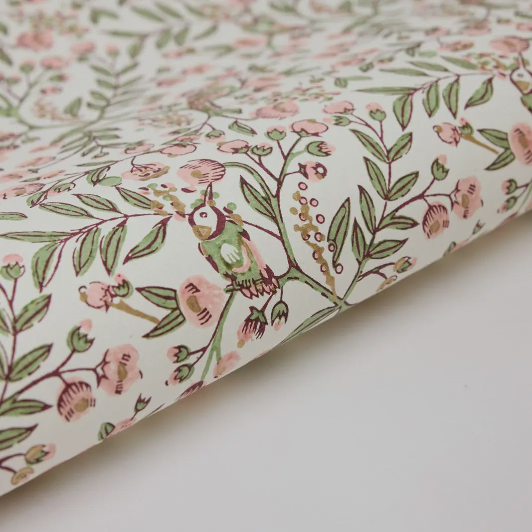 Paper Mirchi Block Printed Wrapping Paper Song Birds Blush - Precious Sparkle