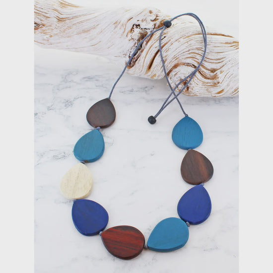 Suzie Blue Wooden Teardrop Necklace Blue/Brown