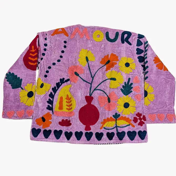 AMOUR Lilac Velvet Suzani Kimono Embroidered Boho Jacket - Precious Sparkle